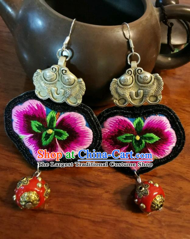 Handmade China Ethnic Red Ceramics Bead Earrings Traditional Silver Fishes Jewelry Embroidered Ear Accessories for Women