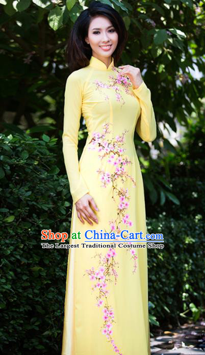 Asian Vietnam Classical Plum Blossom Pattern Ao Dai Qipao Traditional Vietnamese Cheongsam Costumes Light Yellow Dress and Loose Pants for Women
