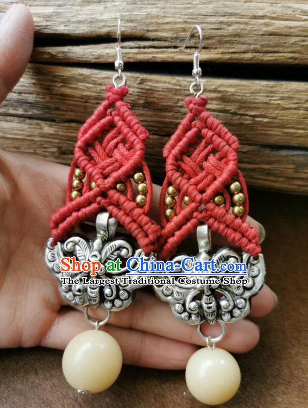 Handmade China National Red Sennit Earrings Traditional Miao Ethnic Ear Accessories Silver Carving Butterfly Eardrop for Women