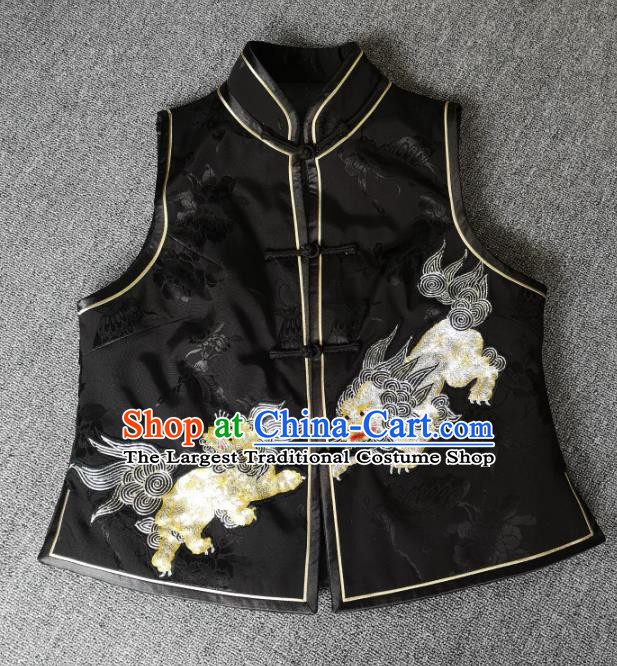 China Women Waistcoat National Embroidered Lion Black Silk Vest Traditional Tang Suit Upper Outer Garment
