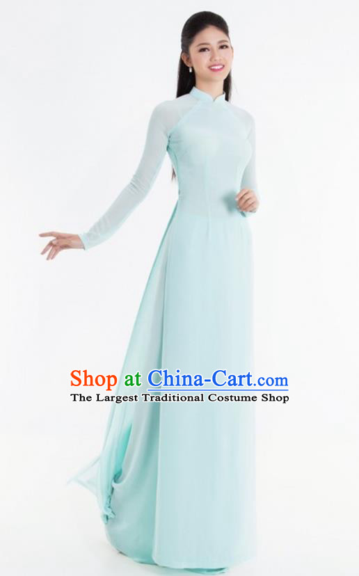 Asian Vietnam Classical Light Blue Ao Dai Qipao Traditional Vietnamese Costumes Cheongsam Dress and Pants for Women