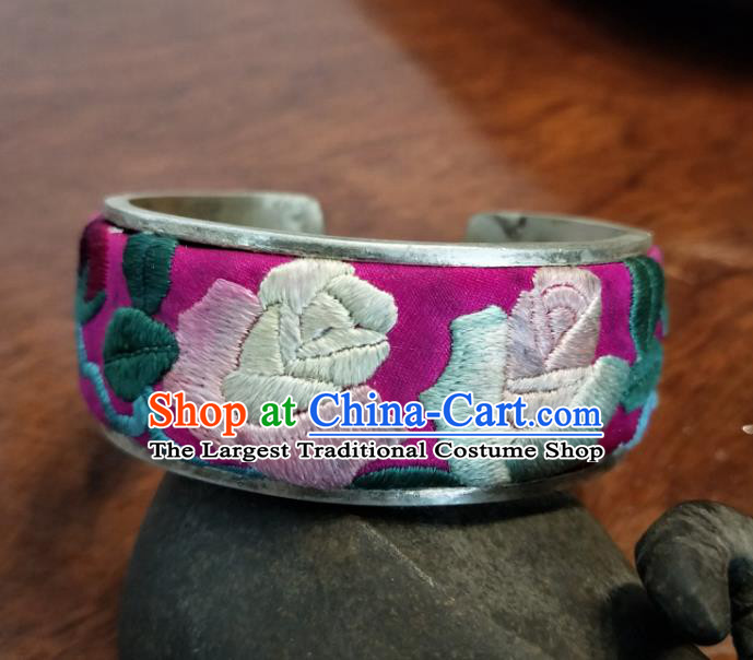China Miao Ethnic Bracelet Handmade National Embroidered Purple Bangle Traditional Silver Accessories