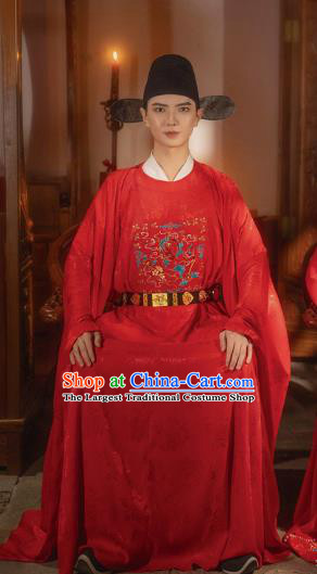 Chinese Ming Dynasty Wedding Historical Costumes Traditional Ancient Official Hanfu Apparels Embroidered Red Robe for Men