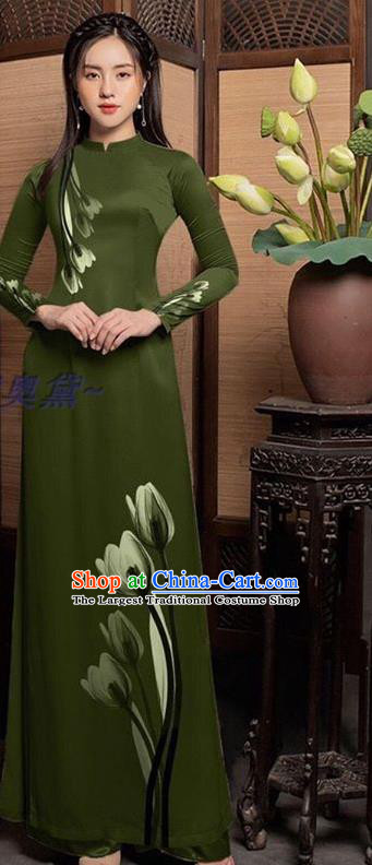 Vietnamese Custom Army Green Cheongsam Traditional Bride Long Dress with Pants Uniforms Asian Vietnam Women Ao Dai Costume