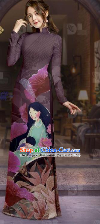 Asian Vietnamese Costume Traditional Vietnam Drak Purple Dress Ao Dai Clothing Tunic with Pants Custom Uniforms