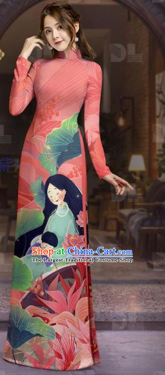 Asian Vietnam Custom Pink Uniforms Traditional Vietnamese Costume Women Tunic Dress with Pants Printing Ao Dai Clothing