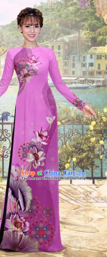 Asian Vietnam Bride Uniforms Traditional Vietnamese Costume Women Dress with Pants Printing Lotus Purple Ao Dai Clothing