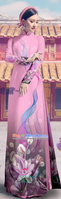 Custom Pink Ao Dai Dress Printing Cheongsam with Pants Traditional Vietnam Bride Costume Asian Vietnamese Clothing
