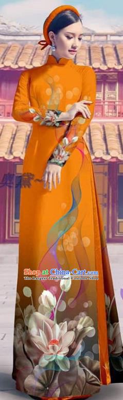 Custom Vietnam Beauty Costume Traditional Printing Cheongsam with Pants Asian Vietnamese Orange Ao Dai Dress Clothing