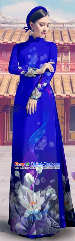 Vietnam Bride Printing Royalblue Cheongsam with Pants Custom Traditional Clothing Asian Vietnamese Ao Dai Dress Costume