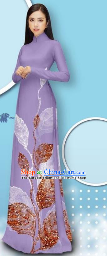 Light Purple Cheongsam Asian Vietnamese Long Dress with Pants Custom Vietnam Traditional Bride Costume Female Ao Dai Uniforms