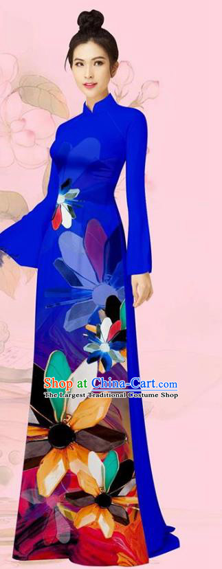 Custom Vietnam Traditional Cheongsam Asian Vietnamese Women Ao Dai Costume Uniforms Royalblue Long Dress with Pants