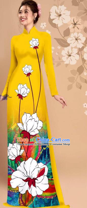 Vietnam Yellow Ao Dai Dress Uniforms Asian Traditional Custom Cheongsam with Loose Pants Vietnamese National Clothing