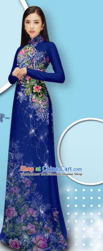 Asian Traditional Vietnamese Cheongsam with Loose Pants Royalblue Ao Dai Dress Fashion Apparel Custom Vietnam Garment