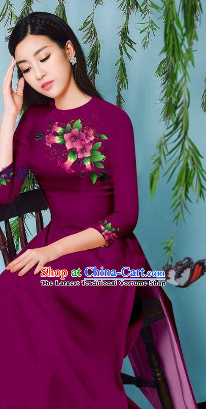 Amaranth Ao Dai Clothing Long Dress Asian Vietnam Cheongsam with Loose Pants Traditional Vietnamese Beauty Fashion