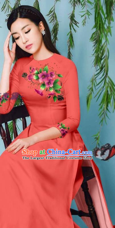Asian Vietnam Jacinth Long Dress Traditional Vietnamese Beauty Fashion Ao Dai Clothing Cheongsam with Loose Pants