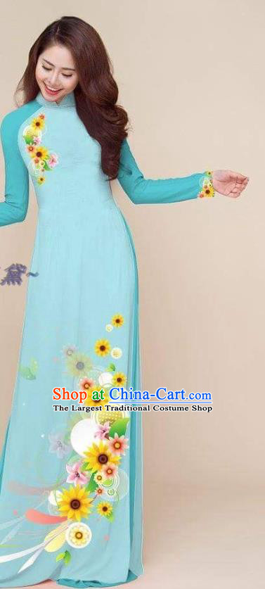 Classical Light Blue Qipao Vietnam Clothing Vietnamese Ao Dai Dress Printing Cheongsam with Pants Asian Traditional Costumes