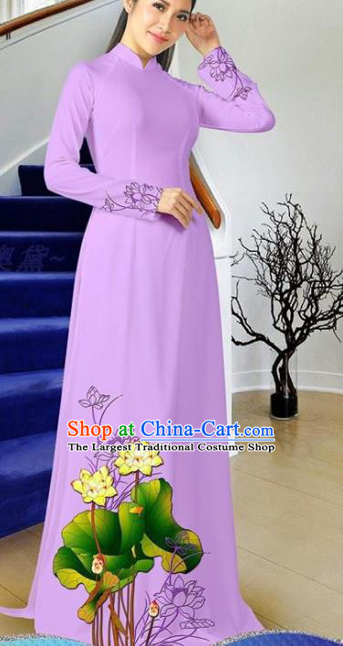 Vietnam Cheongsam with Pants Two Piece Set Vietnamese Ao Dai Dress Traditional Classical Costumes Asian Clothing Women Violet Qipao