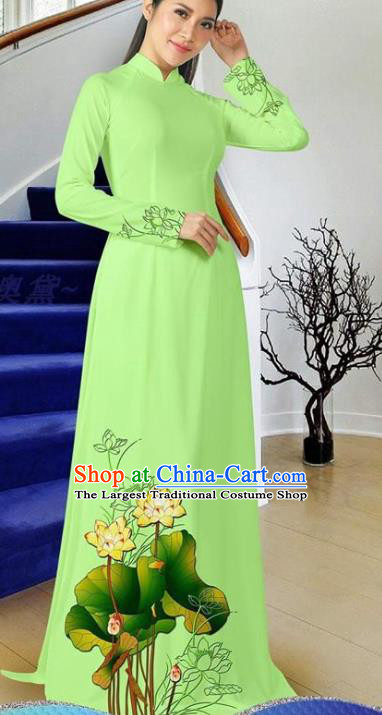 Vietnamese Ao Dai Dress Two Piece Set Traditional Classical Costumes Asian Clothing Vietnam Cheongsam Women Light Green Qipao with Pants