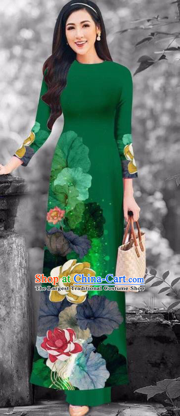 Vietnamese Traditional Green Ao Dai Dress Asian Vietnam Fashion Cheongsam with Loose Pants Apparel Custom Garment