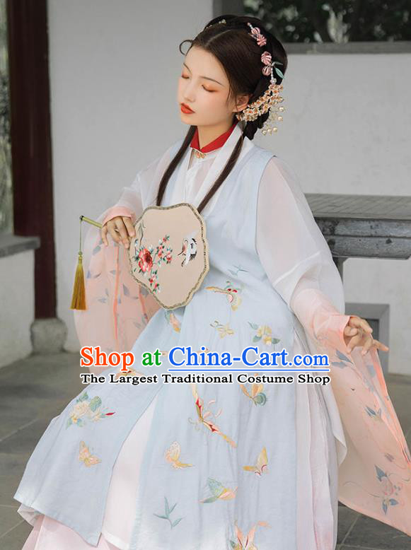 Chinese Ancient Costumes Traditional Ming Dynasty Rich Female Embroidered Vest Long Gown and Skirt Complete Set