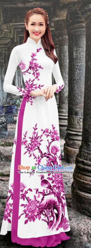 Traditional Vietnamese Ao Dai Two Piece Set Fashion Qipao Dress with Purple Pants Asian Vietnam Women Clothing Custom Cheongsam