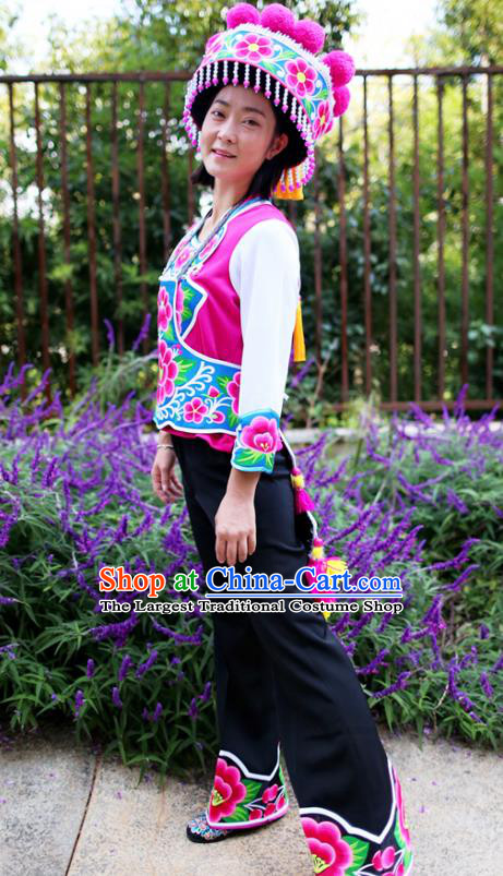 Traditional China Chuxiong Yi Ethnic Women Uniforms Nationality Embroidered Rosy Vest Blouse and Pants with Round Hat