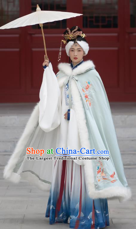 Chinese Ancient Women Clothing Traditional Hanfu Dress Ming Dynasty Countess Embroidered Light Green Long Wool Cape