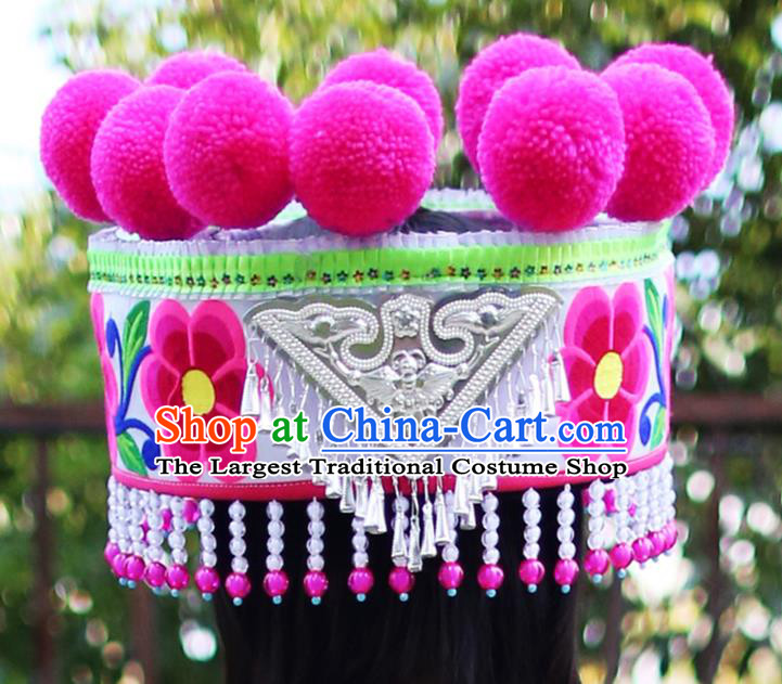 Chinese Ethnic Women Beads Tassel Headwear Traditional Yunnan Yi Nationality Embroidered Silver Hat