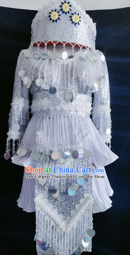 China Ethnic Argent Sequins Clothing and Headwear Minority Women Clothing Miao Nationality Folk Dance Costumes