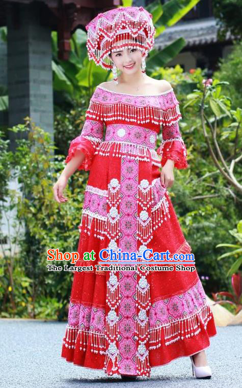 China Miao Minority Wedding Costumes Yunnan Tourist Attraction Stage Performance Clothing Traditional Ethnic Dance Long Dress and Hat