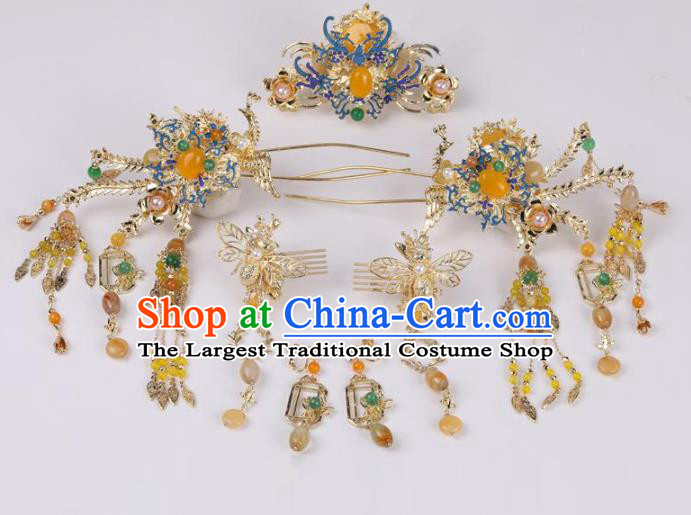 Chinese Traditional Classical Hair Accessories Wedding Xiuhe Suit Blueing Hair Comb and Tassel Hairpins Full Set