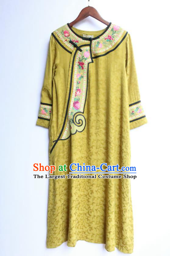 Chinese Women Traditional Embroidered Classical Cheongsam Clothing National Yellow Qipao Dress