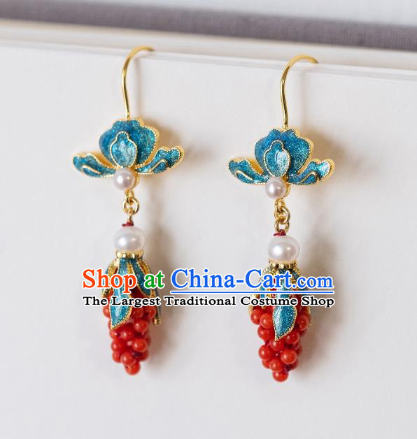 China Traditional Qing Dynasty Court Women Red Beads Grape Earrings Imperial Palace Enamel Ear Jewelry
