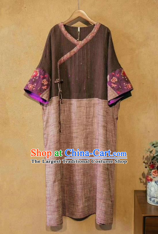 Chinese National Embroidered Brown Dress Zen Suit Traditional Women Clothing