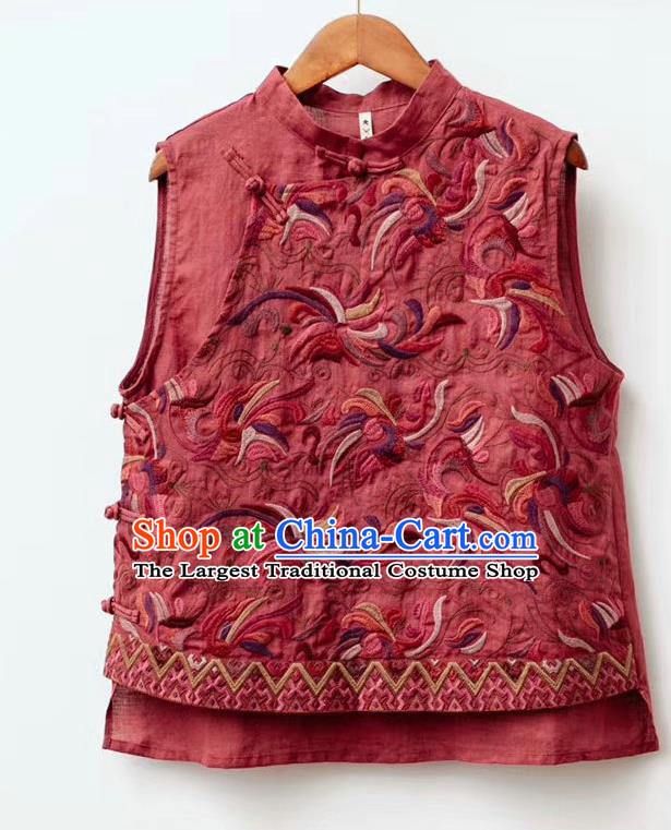 China Traditional Tang Suit Clothing National Waistcoat Embroidered Red Flax Vest