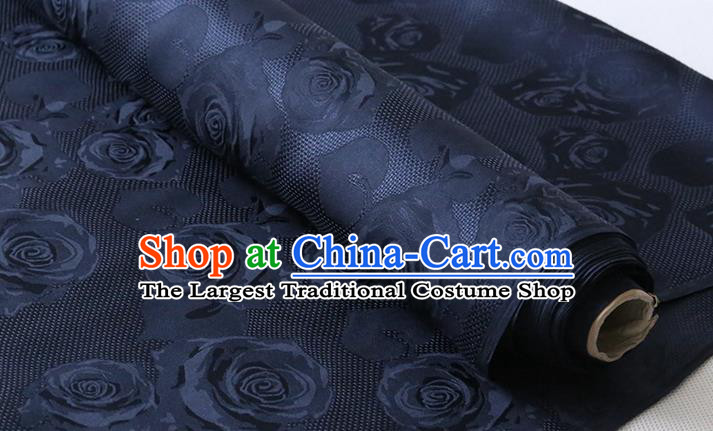 Chinese Traditional Navy Jacquard Cloth Fabric Classical Hollowed Rose Pattern Damask Cheongsam Silk Drapery