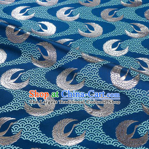 Asian Japanese Kimono Fabric Nishijin Tapestry Satin Traditional Crane Pattern Design Blue Brocade