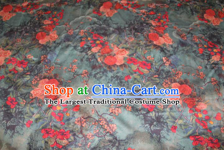 Chinese Classical Peony Plum Pattern Silk Drapery Traditional Gambiered Guangdong Gauze Cheongsam Green Satin Fabric