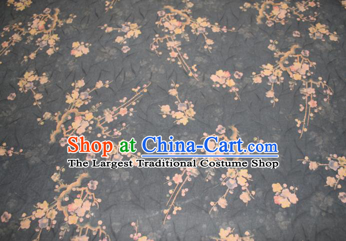 Chinese Cheongsam Dark Green Satin Fabric Traditional Gambiered Guangdong Gauze Classical Plum Blossom Pattern Silk Drapery
