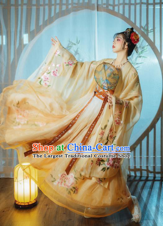 Ancient China Imperial Consort Costumes Traditional Tang Dynasty Palace Lady Yellow Hanfu Dress Embroidered Clothing Complete Set
