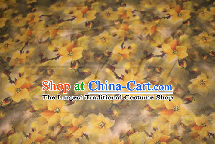 Chinese Traditional Olive Green Gambiered Guangdong Gauze Cheongsam Satin Fabric Classical Yellow Flowers Pattern Silk Drapery