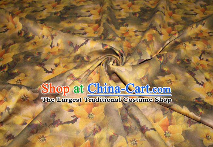 Chinese Traditional Olive Green Gambiered Guangdong Gauze Cheongsam Satin Fabric Classical Yellow Flowers Pattern Silk Drapery