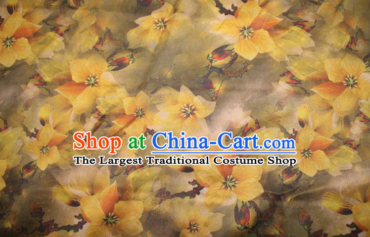 Chinese Traditional Olive Green Gambiered Guangdong Gauze Cheongsam Satin Fabric Classical Yellow Flowers Pattern Silk Drapery