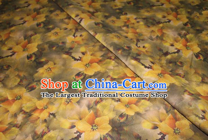 Chinese Traditional Olive Green Gambiered Guangdong Gauze Cheongsam Satin Fabric Classical Yellow Flowers Pattern Silk Drapery