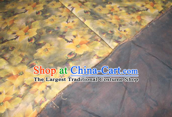 Chinese Traditional Olive Green Gambiered Guangdong Gauze Cheongsam Satin Fabric Classical Yellow Flowers Pattern Silk Drapery