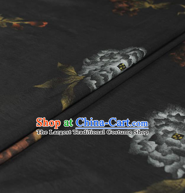 Chinese Classical Frottage Peony Pattern Silk Drapery Cheongsam Black Satin Fabric Traditional Gambiered Guangdong Gauze