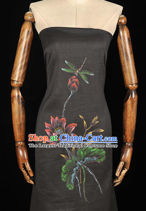 China Traditional Cheongsam Cloth Black Jacquard Satin Classical Printing Lotus Dragonfly Pattern Silk Fabric