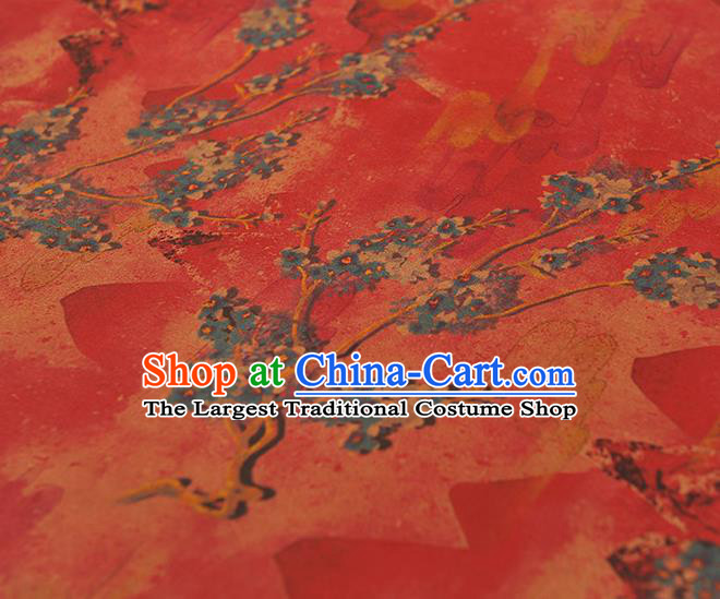 Chinese Traditional Red Silk Drapery Cheongsam Cloth Fabric Gambiered Guangdong Gauze Classical Plum Pattern Orange Satin