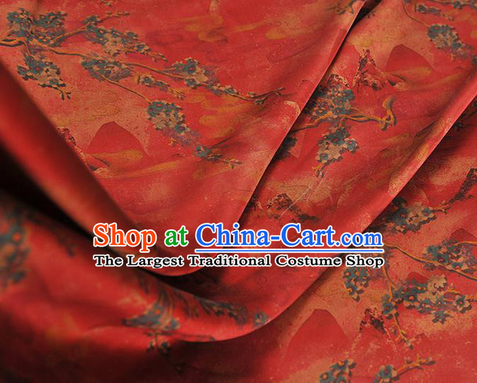 Chinese Traditional Red Silk Drapery Cheongsam Cloth Fabric Gambiered Guangdong Gauze Classical Plum Pattern Orange Satin